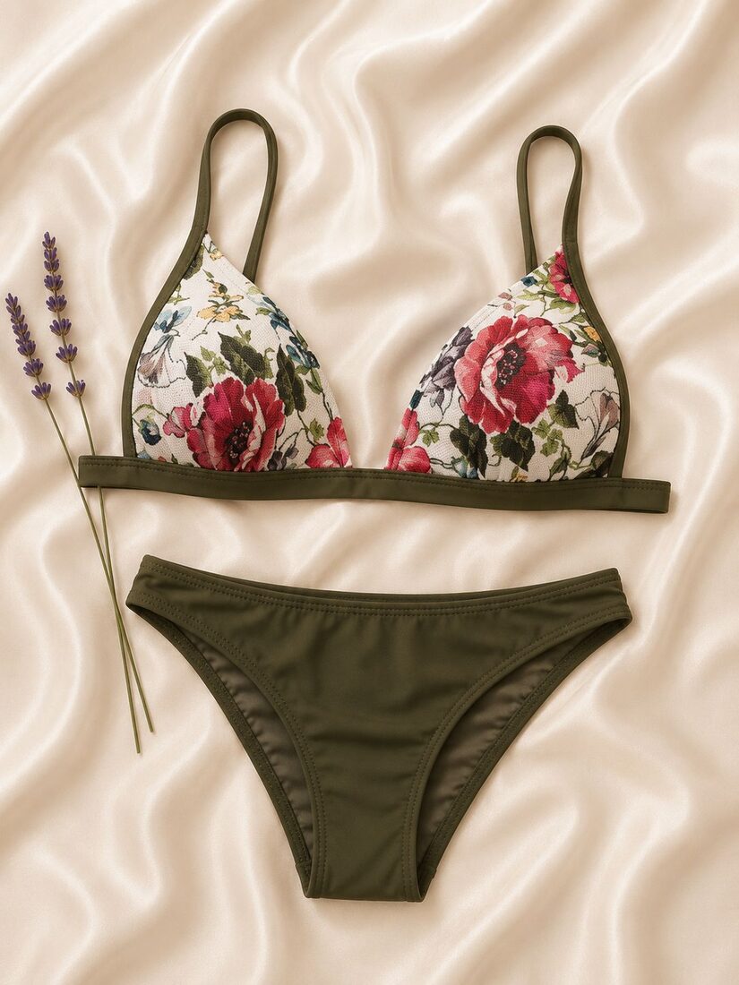 Çiçek Detaylı Yeşil&Beyaz Bikini Takımı